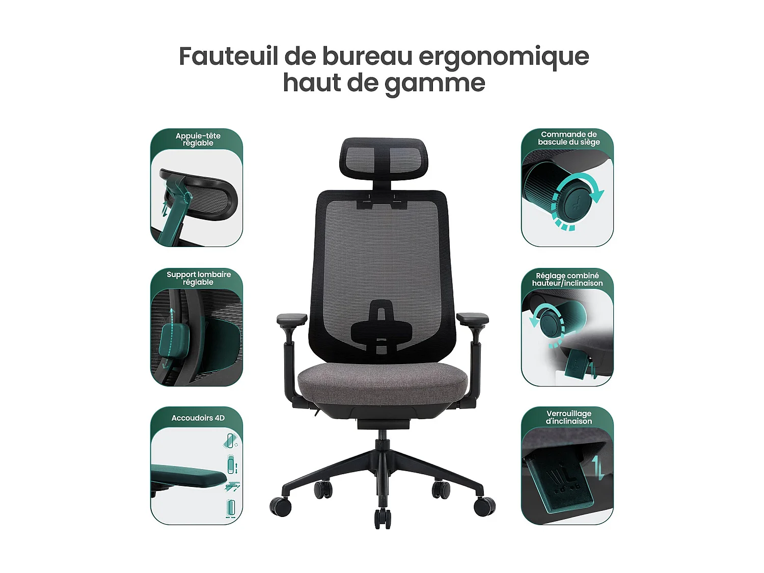 Chaise de bureau avec accoudoirs 4D et siège réglable avant-arrière, confort optimal pour travail intensif - Gris