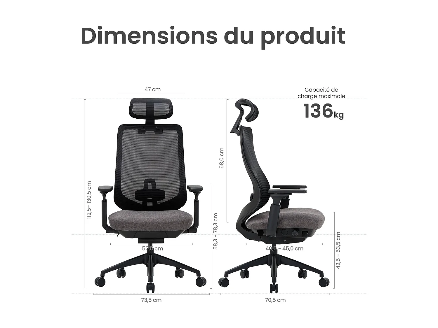Chaise de bureau avec accoudoirs 4D et siège réglable avant-arrière, confort optimal pour travail intensif - Gris