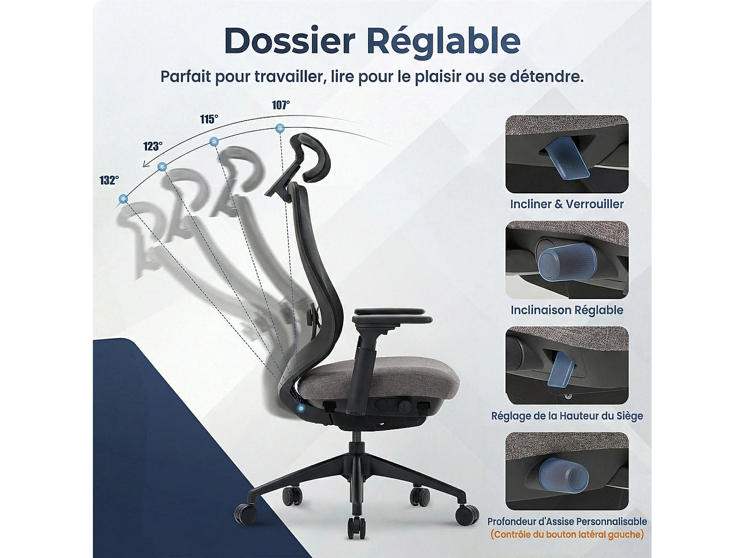 Ergonomische bureaustoel grijs SMARTUE, 4D armleuningen, voor-achter verstelbare zitting, nylon poten