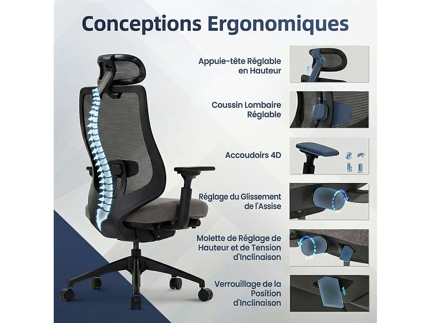 Ergonomische bureaustoel grijs SMARTUE, 4D armleuningen, voor-achter verstelbare zitting, nylon poten