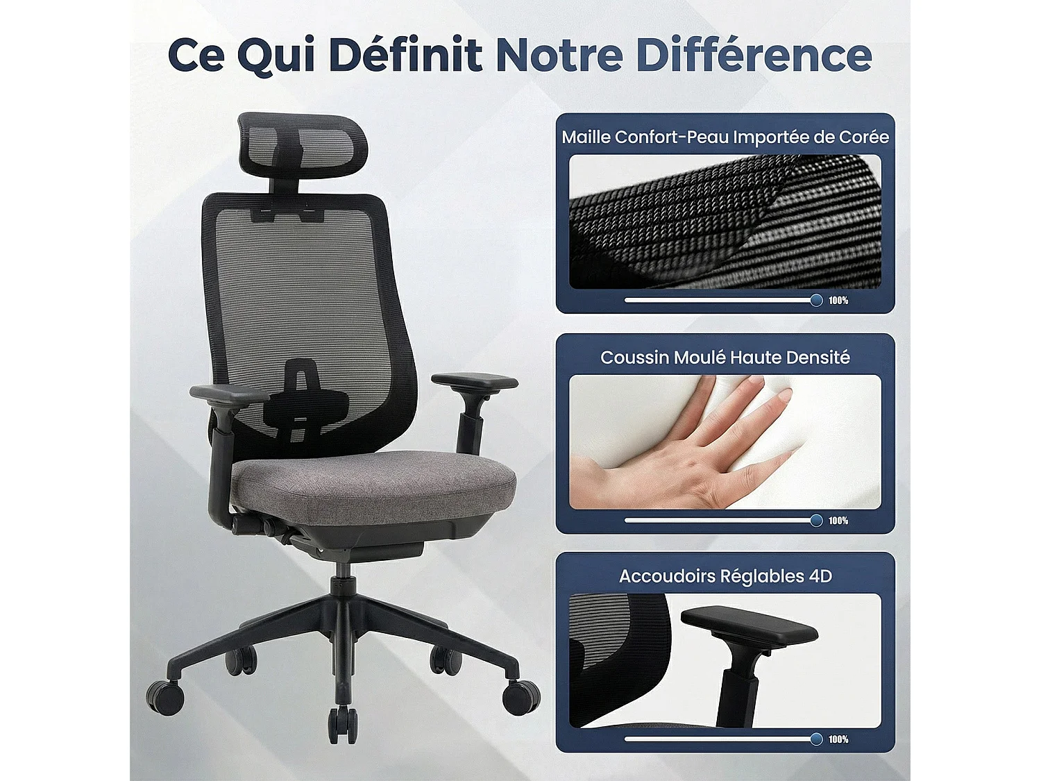 Ergonomische bureaustoel grijs SMARTUE, 4D armleuningen, voor-achter verstelbare zitting, nylon poten