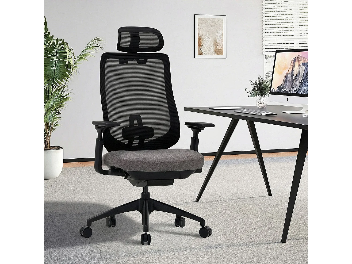 Ergonomische bureaustoel grijs SMARTUE, 4D armleuningen, voor-achter verstelbare zitting, nylon poten