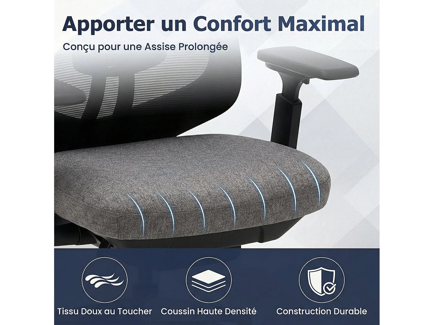 Ergonomische bureaustoel grijs SMARTUE, 4D armleuningen, voor-achter verstelbare zitting, nylon poten