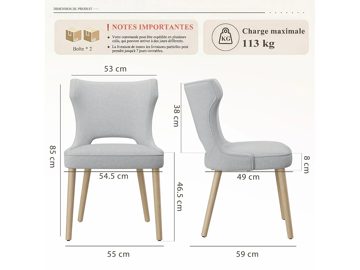 Set van 2 vintage clubstijl eetkamerstoelen met hoge rugleuning, van hout en gestoffeerd - Lichtgrijs