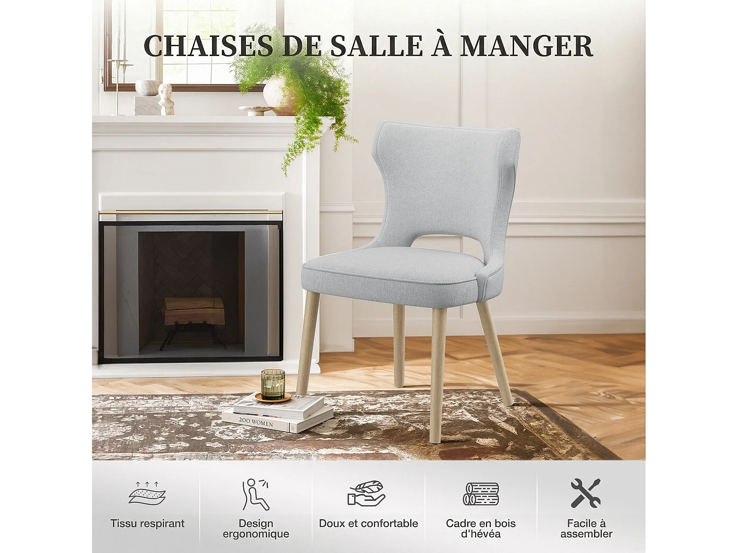 Set van 2 vintage clubstijl eetkamerstoelen met hoge rugleuning, van hout en gestoffeerd - Lichtgrijs