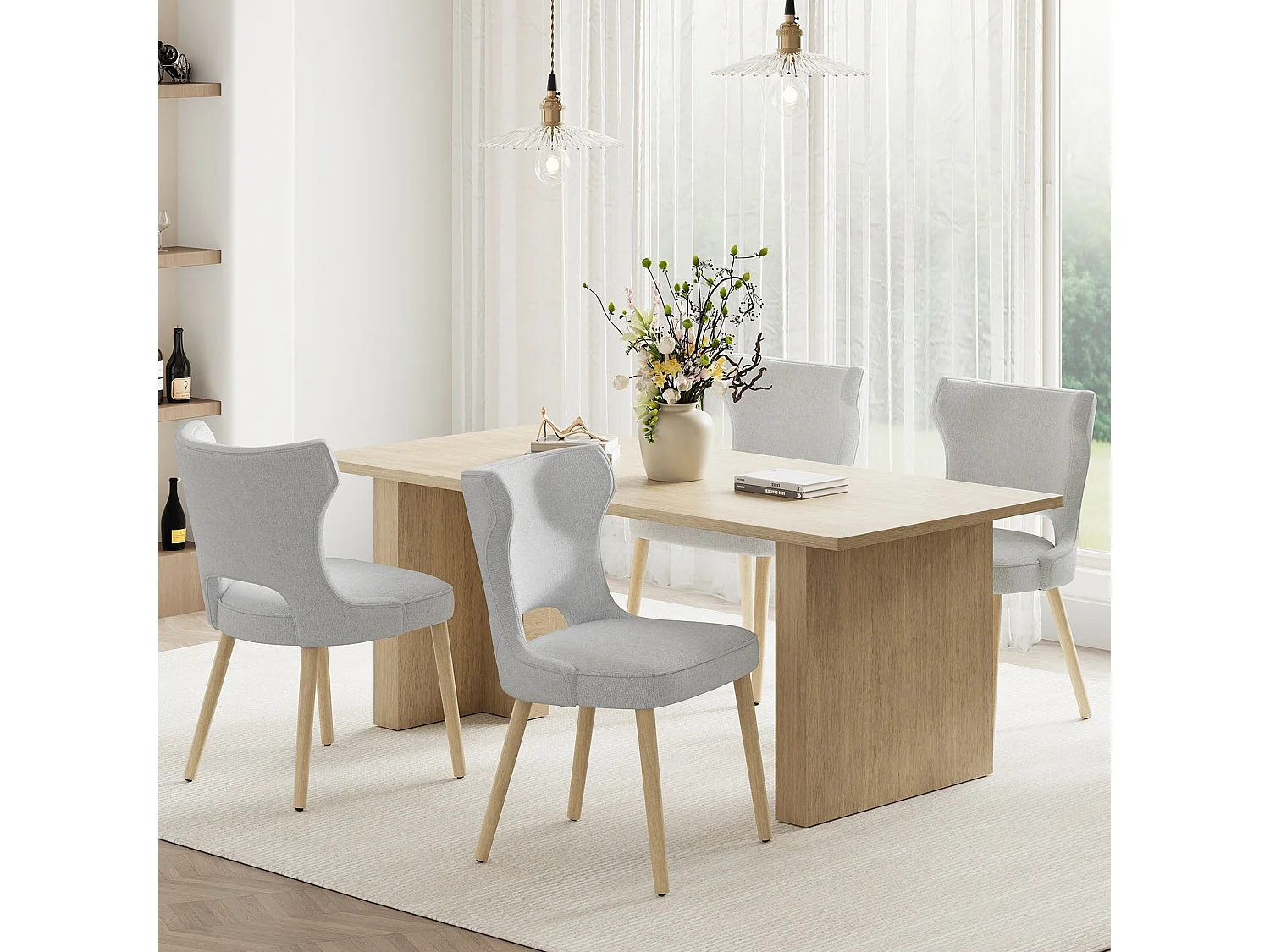 Set van 2 vintage clubstijl eetkamerstoelen met hoge rugleuning, van hout en gestoffeerd - Lichtgrijs