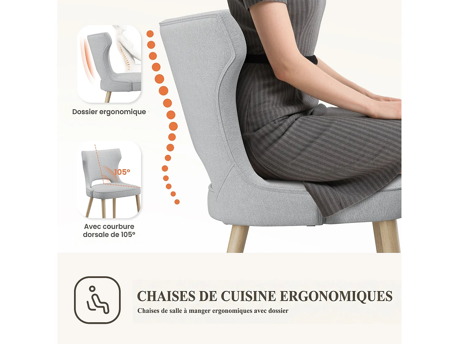 Set van 2 vintage clubstijl eetkamerstoelen met hoge rugleuning, van hout en gestoffeerd - Lichtgrijs