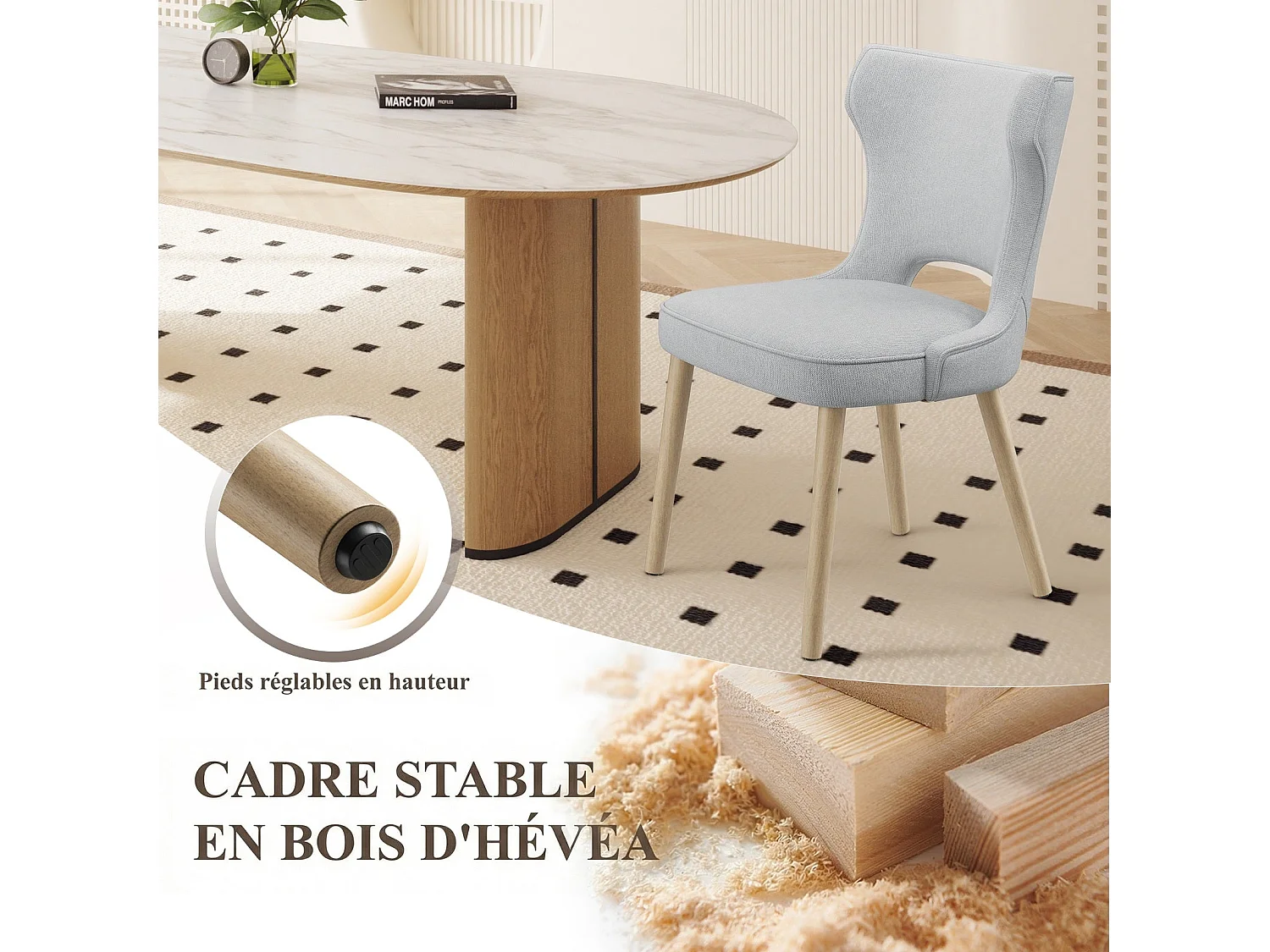 Set van 2 vintage clubstijl eetkamerstoelen met hoge rugleuning, van hout en gestoffeerd - Lichtgrijs