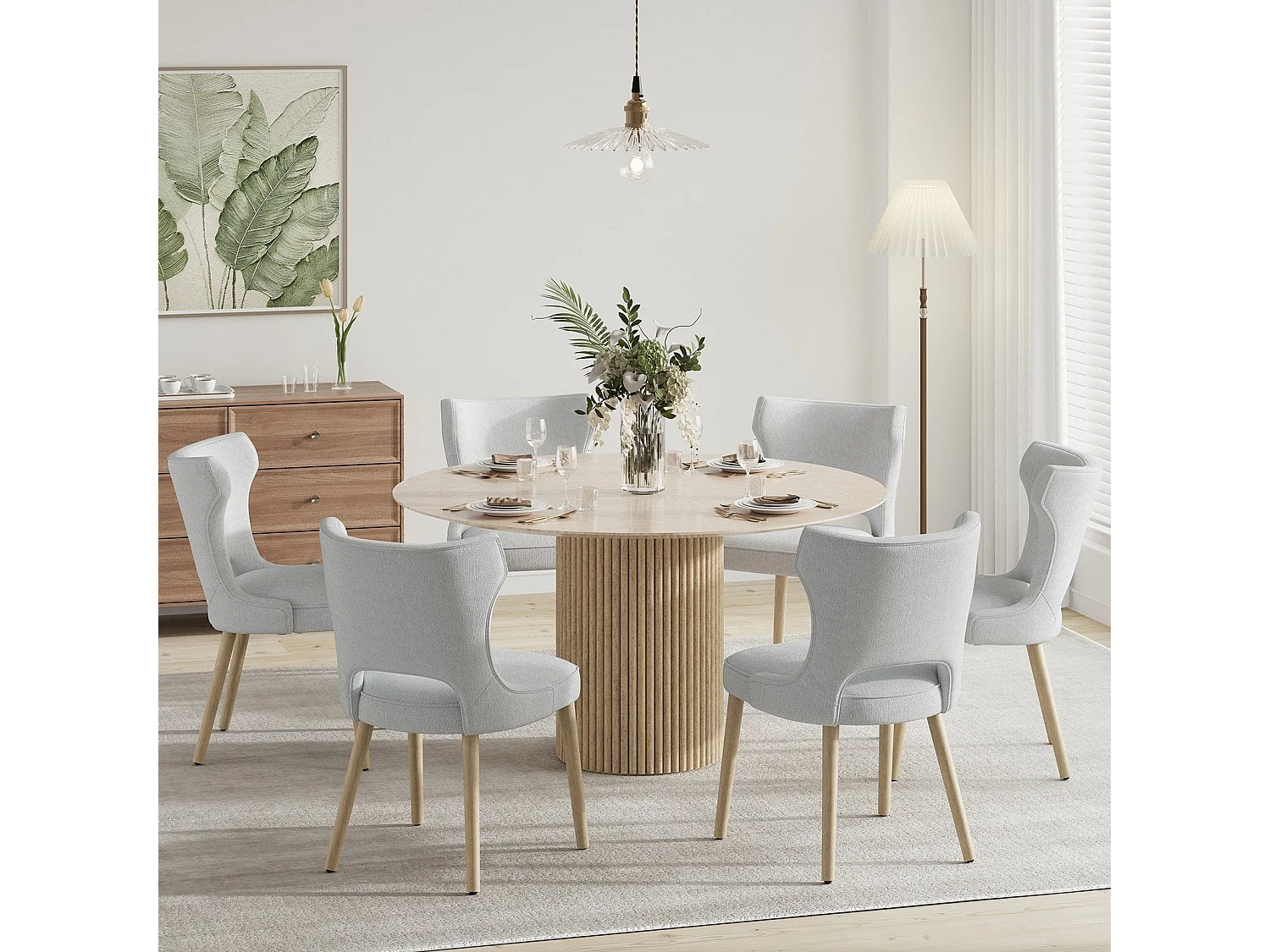 Set van 2 vintage clubstijl eetkamerstoelen met hoge rugleuning, van hout en gestoffeerd - Lichtgrijs