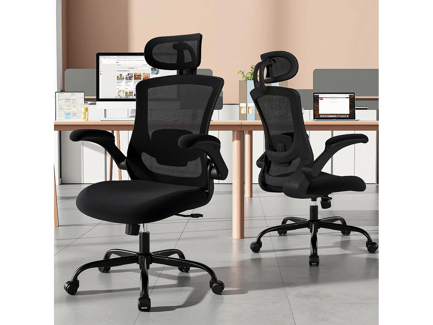 Chaises de bureau - Chaise de bureau ergonomique – Dossier haut en mesh, soutien lombaire et appuie-tête réglables, accoudoirs relevables – Noir