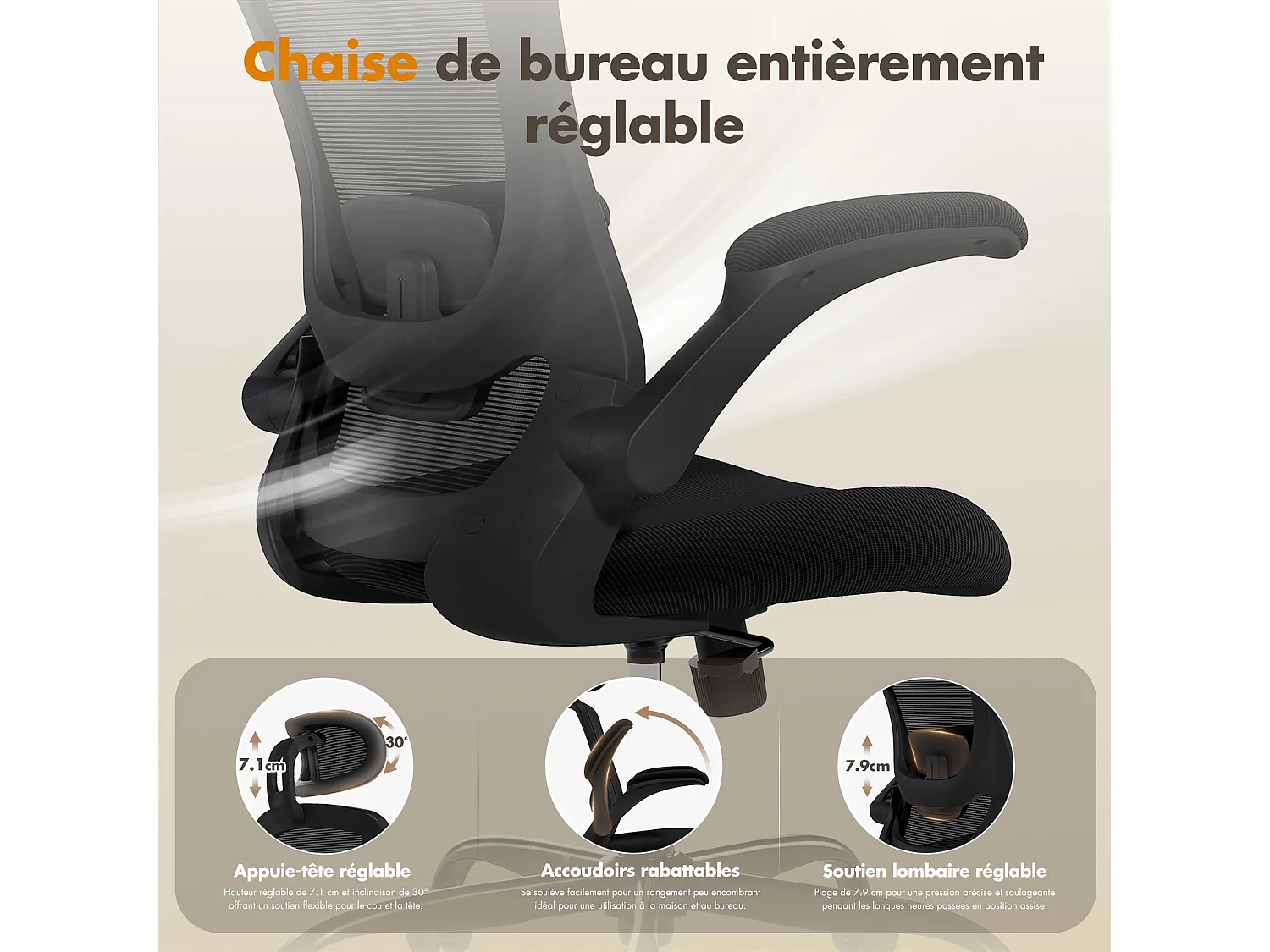 Chaises de bureau - Chaise de bureau ergonomique – Dossier haut en mesh, soutien lombaire et appuie-tête réglables, accoudoirs relevables – Noir