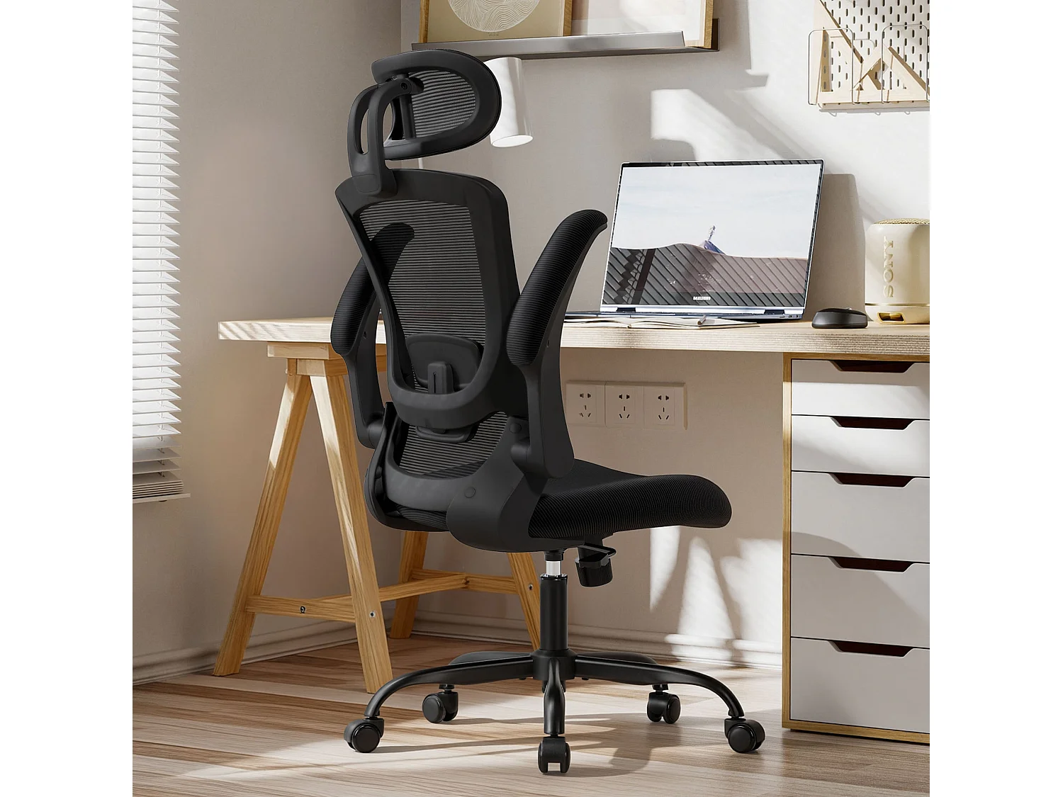 Chaise de bureau ergonomique – Dossier haut en mesh, soutien lombaire et appuie-tête réglables – Noir