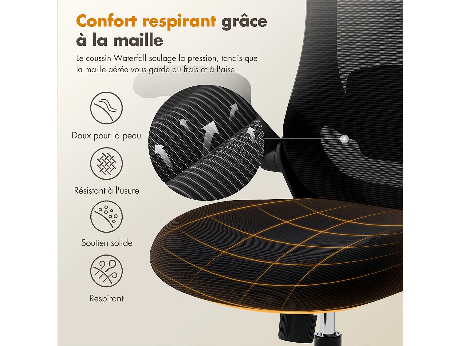 Chaise de bureau ergonomique – Dossier haut en mesh, soutien lombaire et appuie-tête réglables – Noir