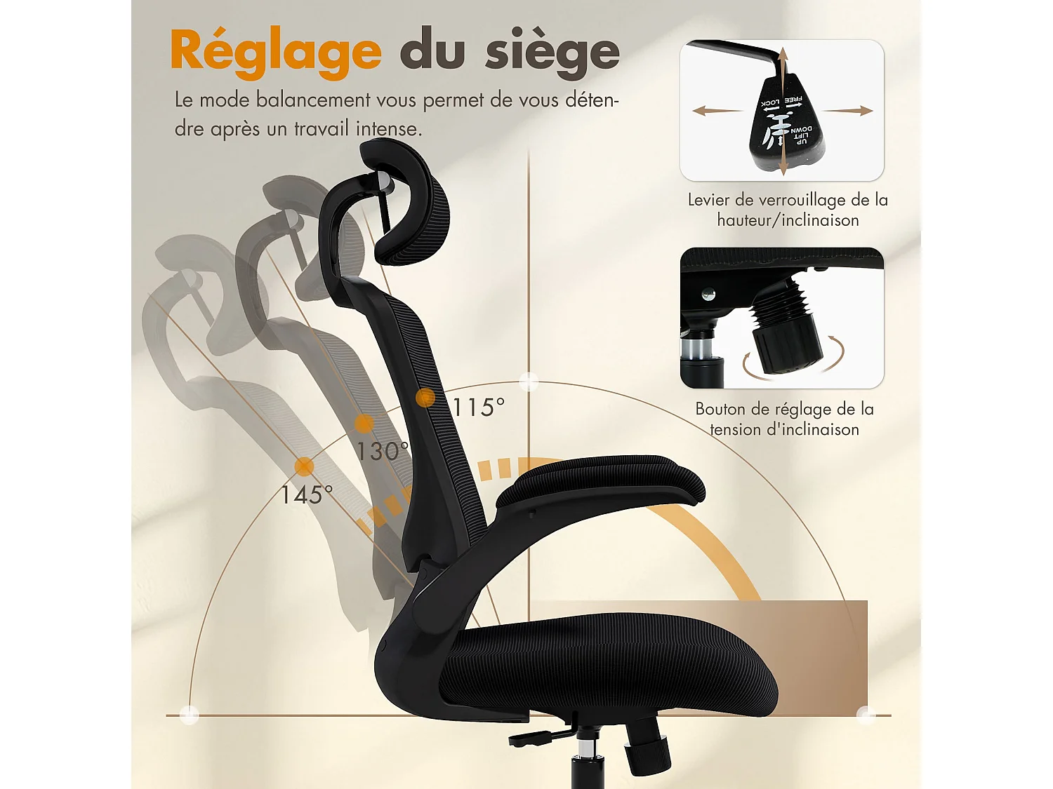 Chaise de bureau ergonomique – Dossier haut en mesh, soutien lombaire et appuie-tête réglables – Noir