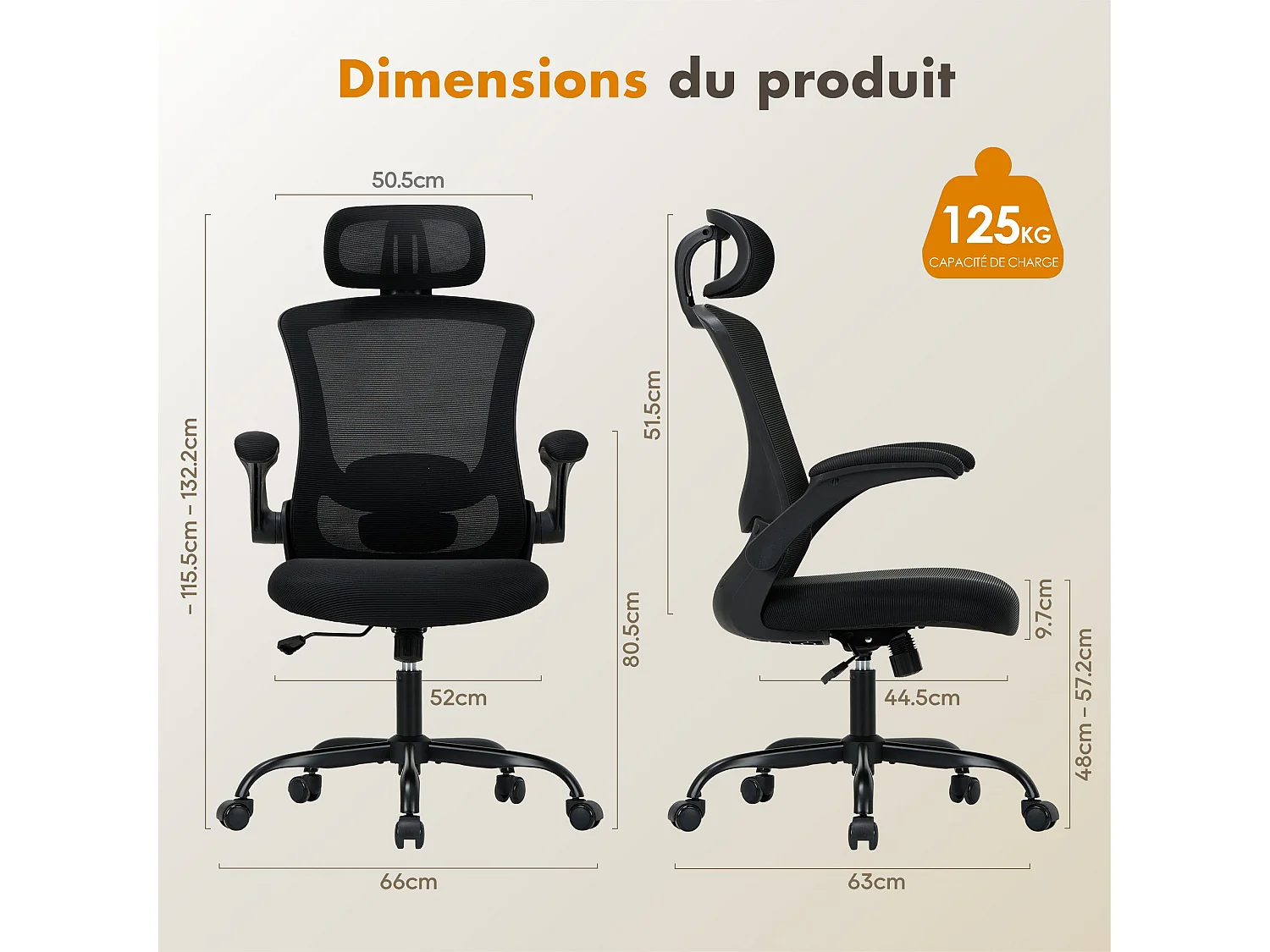 Chaise de bureau ergonomique – Dossier haut en mesh, soutien lombaire et appuie-tête réglables – Noir