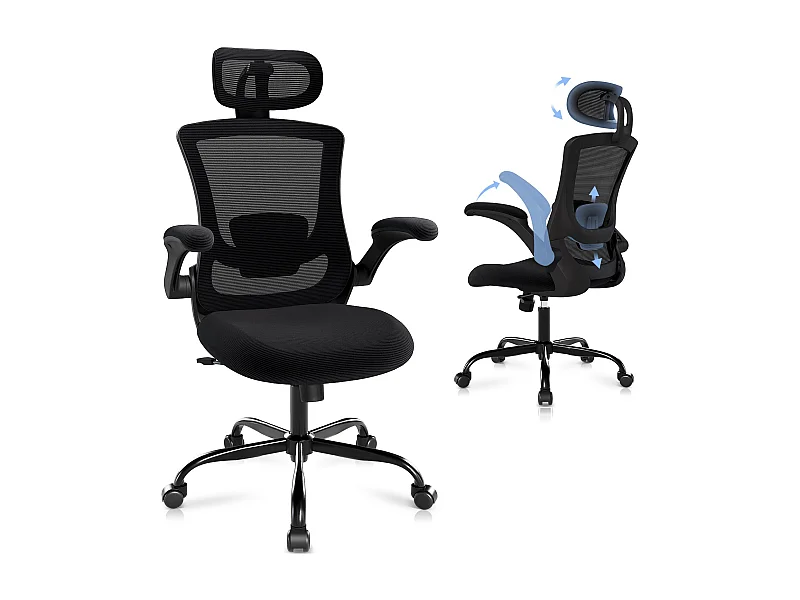 Chaises de bureau - Chaise de bureau ergonomique – Dossier haut en mesh, soutien lombaire et appuie-tête réglables, accoudoirs relevables – Noir