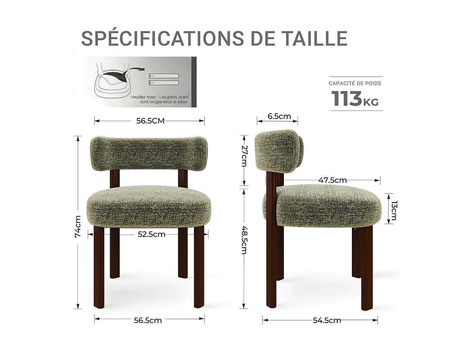 Lot de 2 chaises de salle à manger en bois massif vert SMARTUE, tissu bouclé, dossier incurvé