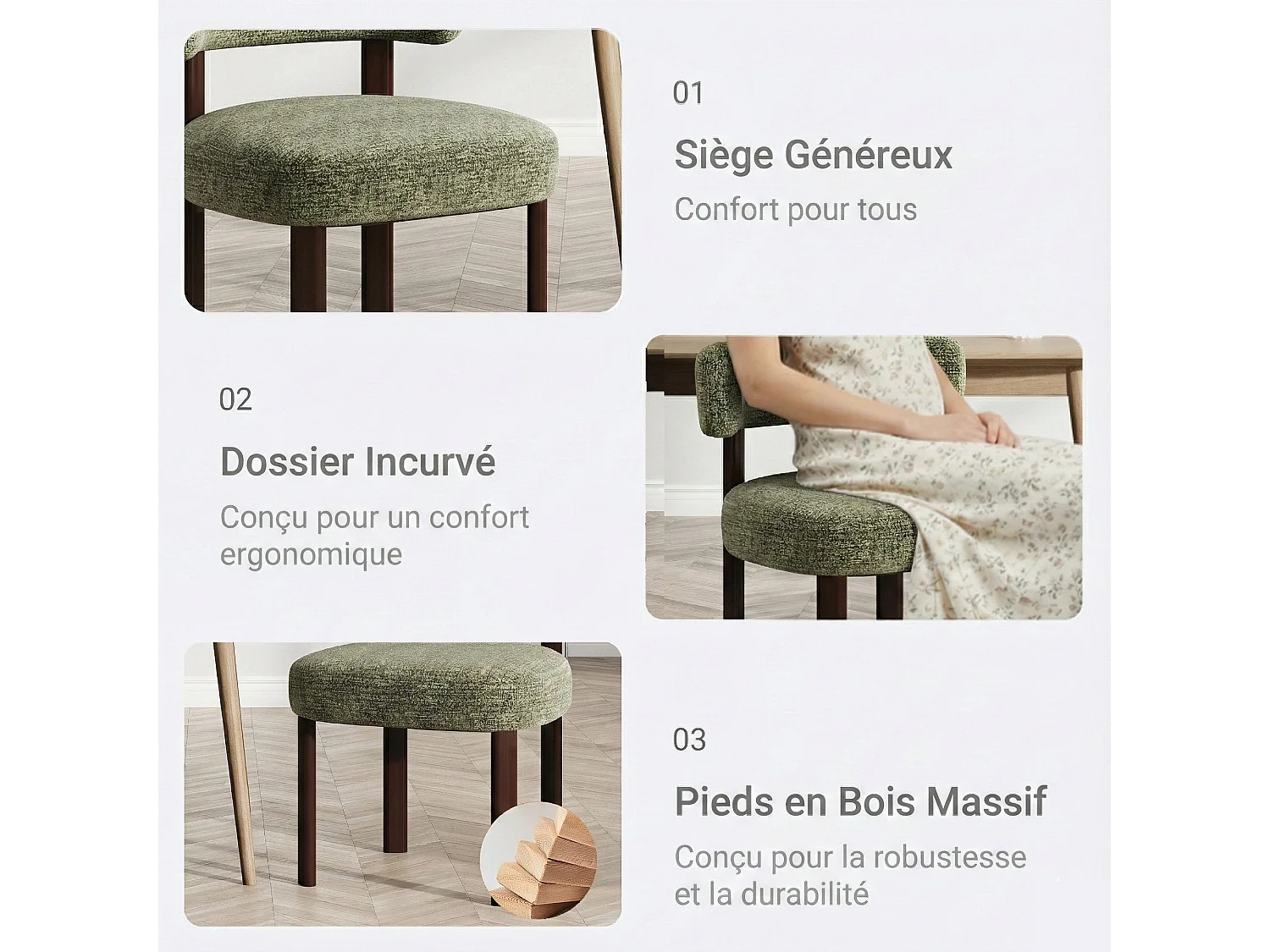 Lot de 2 chaises de salle à manger en bois massif vert SMARTUE, tissu bouclé, dossier incurvé