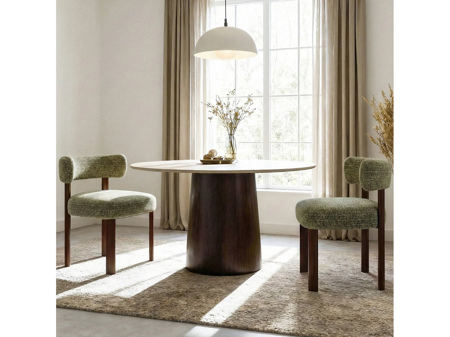 Lot de 2 chaises de salle à manger en bois massif vert SMARTUE, tissu bouclé, dossier incurvé