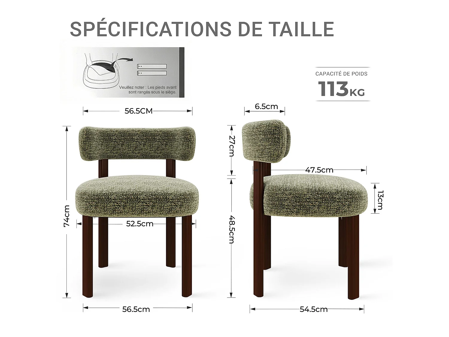 Lot de 2 chaises de salle à manger en bois massif vert SMARTUE, tissu bouclé, dossier incurvé