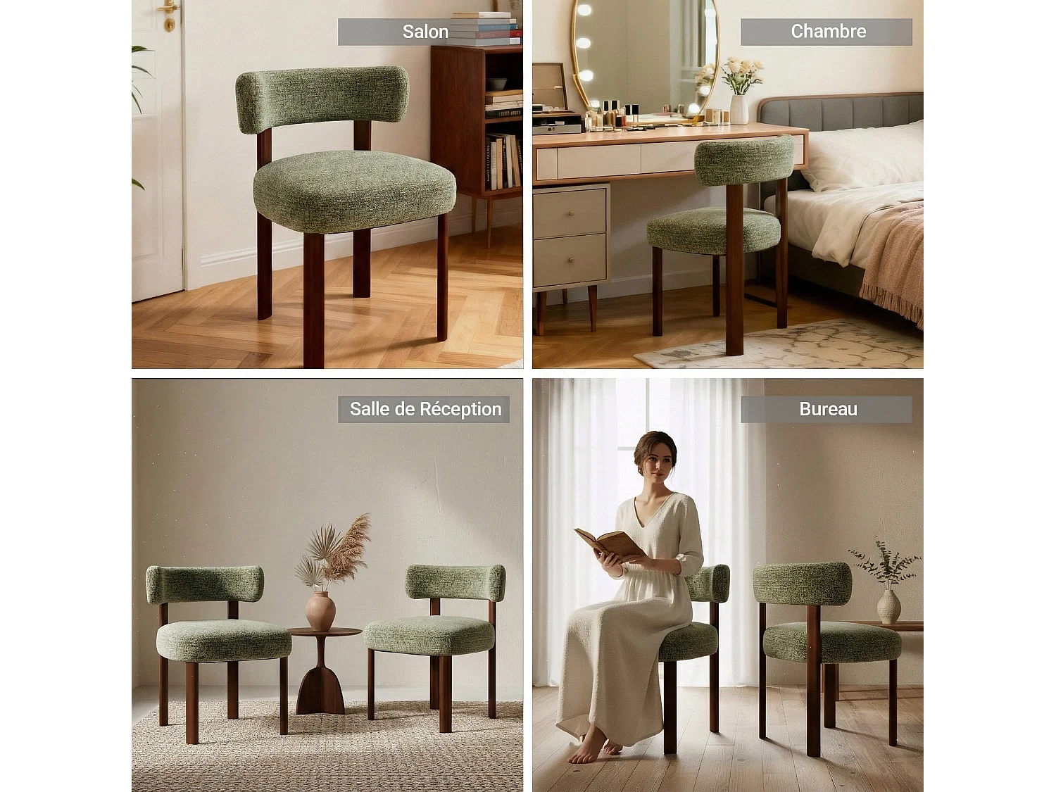 Set of 2 SMARTUE green solid wood dining chairs, boucle fabric, curved backrest