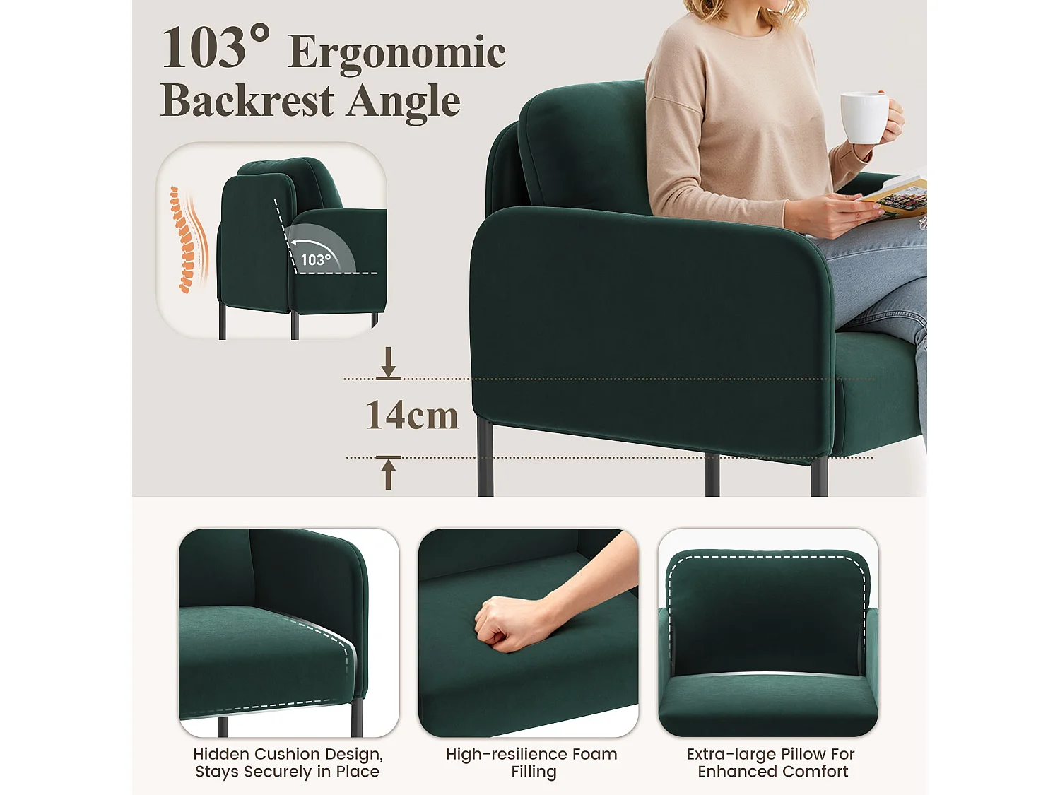 Un fauteuil au confort naturel, pensé pour le quotidien - Fauteuil avec dossier enveloppant et pieds en métal fin,Vert