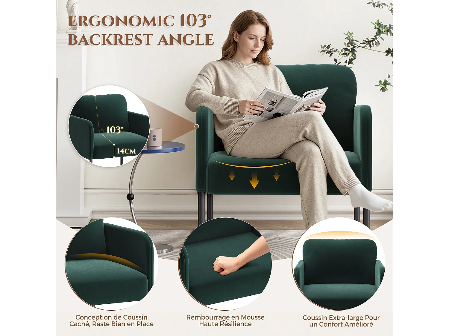 Fauteuil de salon haut dossier rembourré en velours vert, pieds en métal, coussin extra large