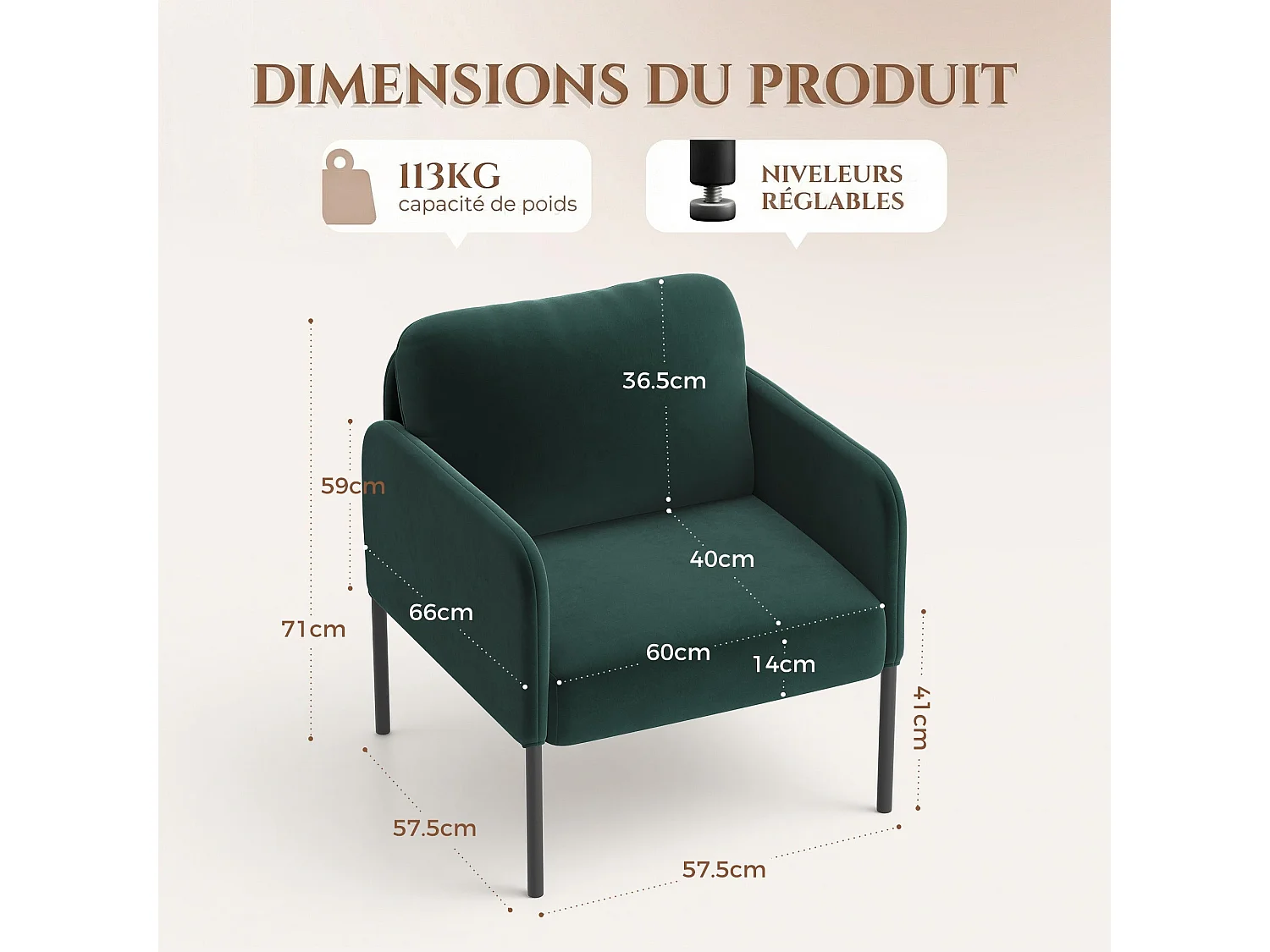 Fauteuil de salon haut dossier rembourré en velours vert, pieds en métal, coussin extra large