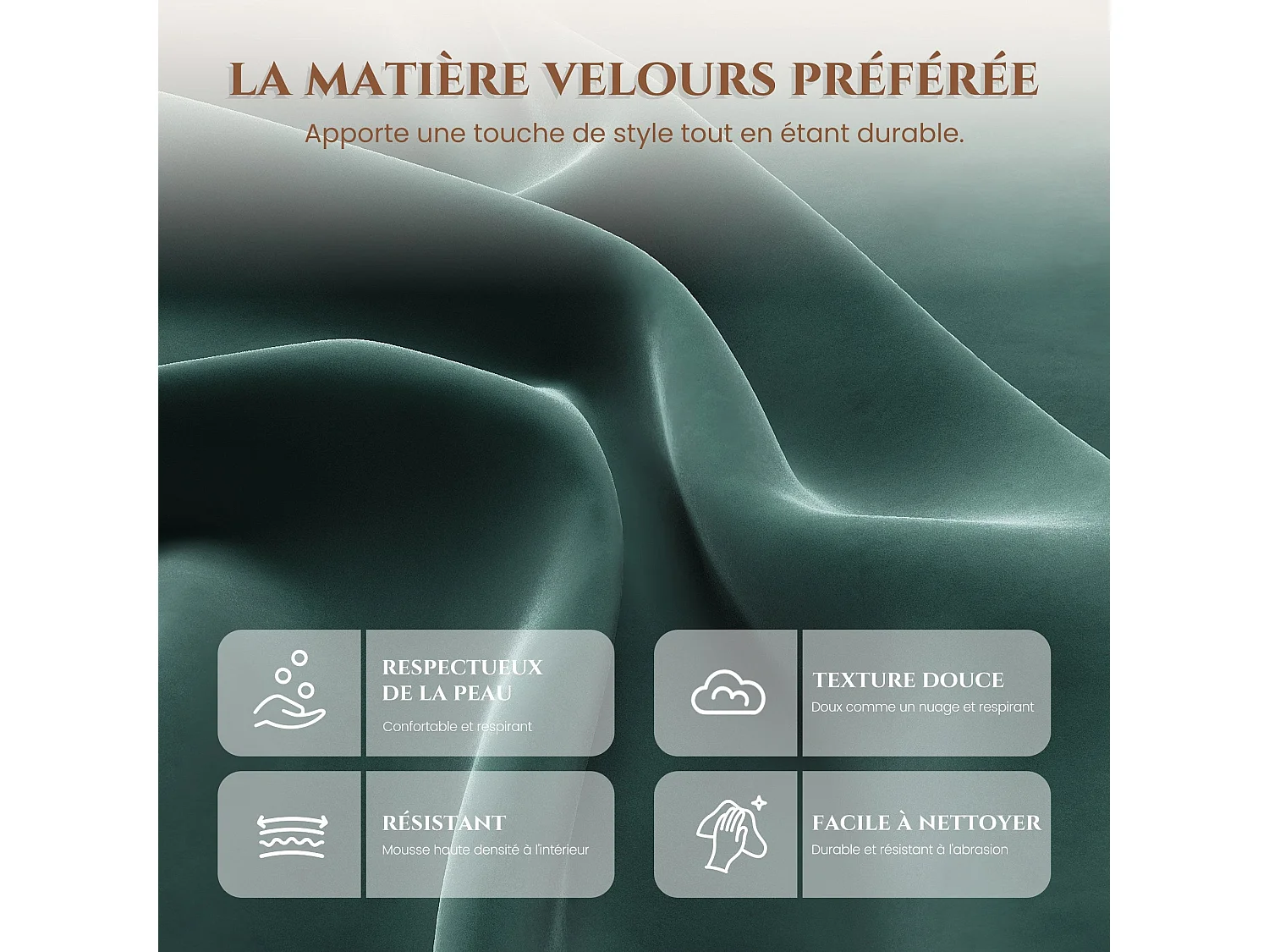 Fauteuil de salon haut dossier rembourré en velours vert, pieds en métal, coussin extra large