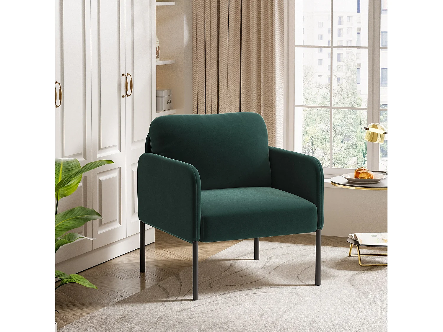 Fauteuil de salon haut dossier rembourré en velours vert, pieds en métal, coussin extra large