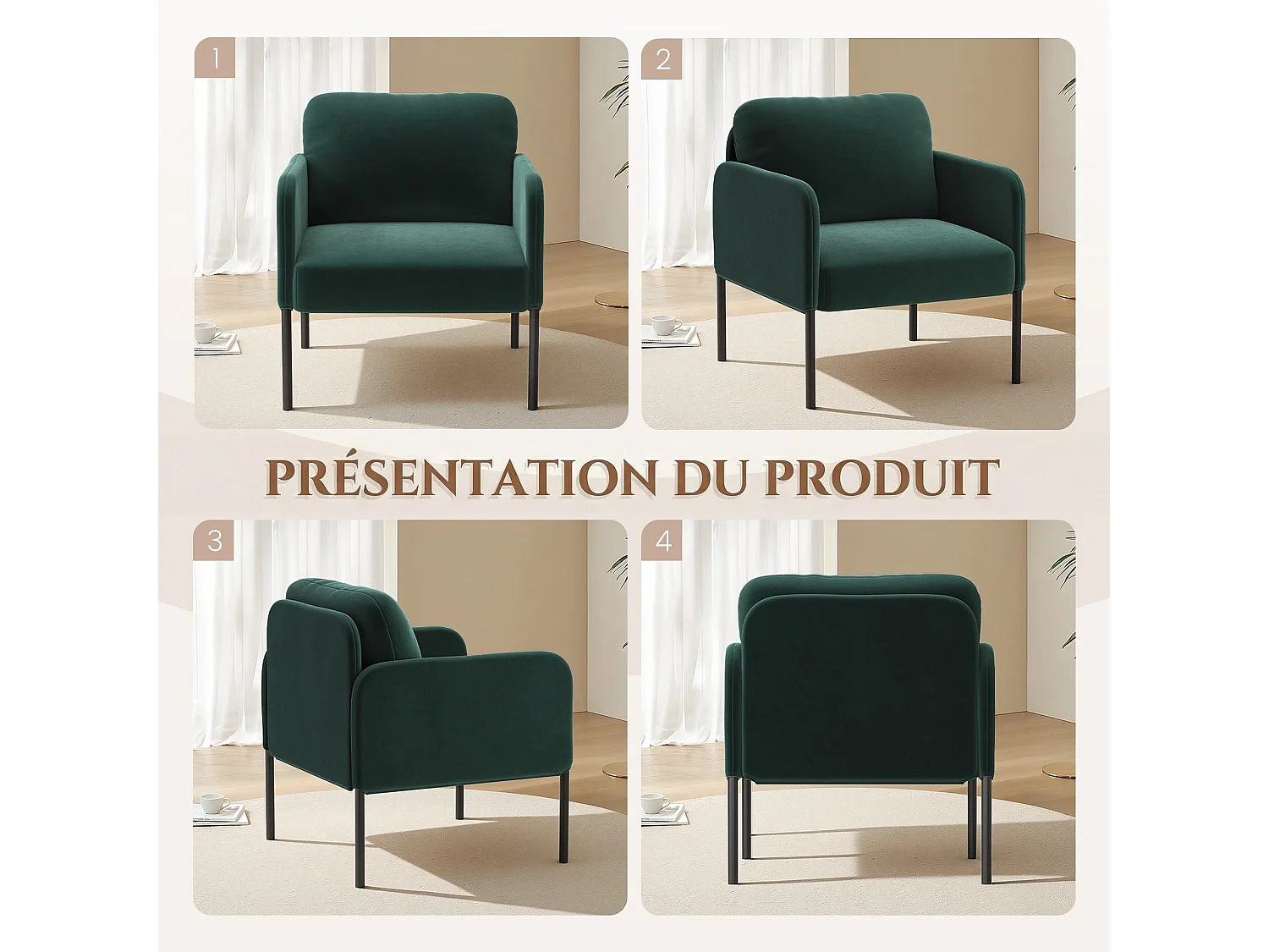 Fauteuil de salon haut dossier rembourré en velours vert, pieds en métal, coussin extra large