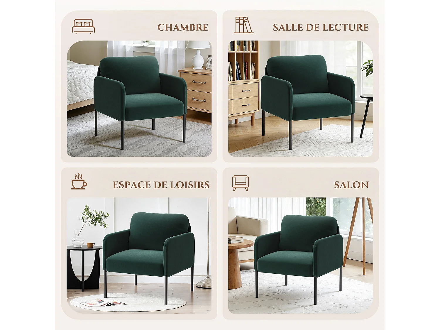 Fauteuil de salon haut dossier rembourré en velours vert, pieds en métal, coussin extra large