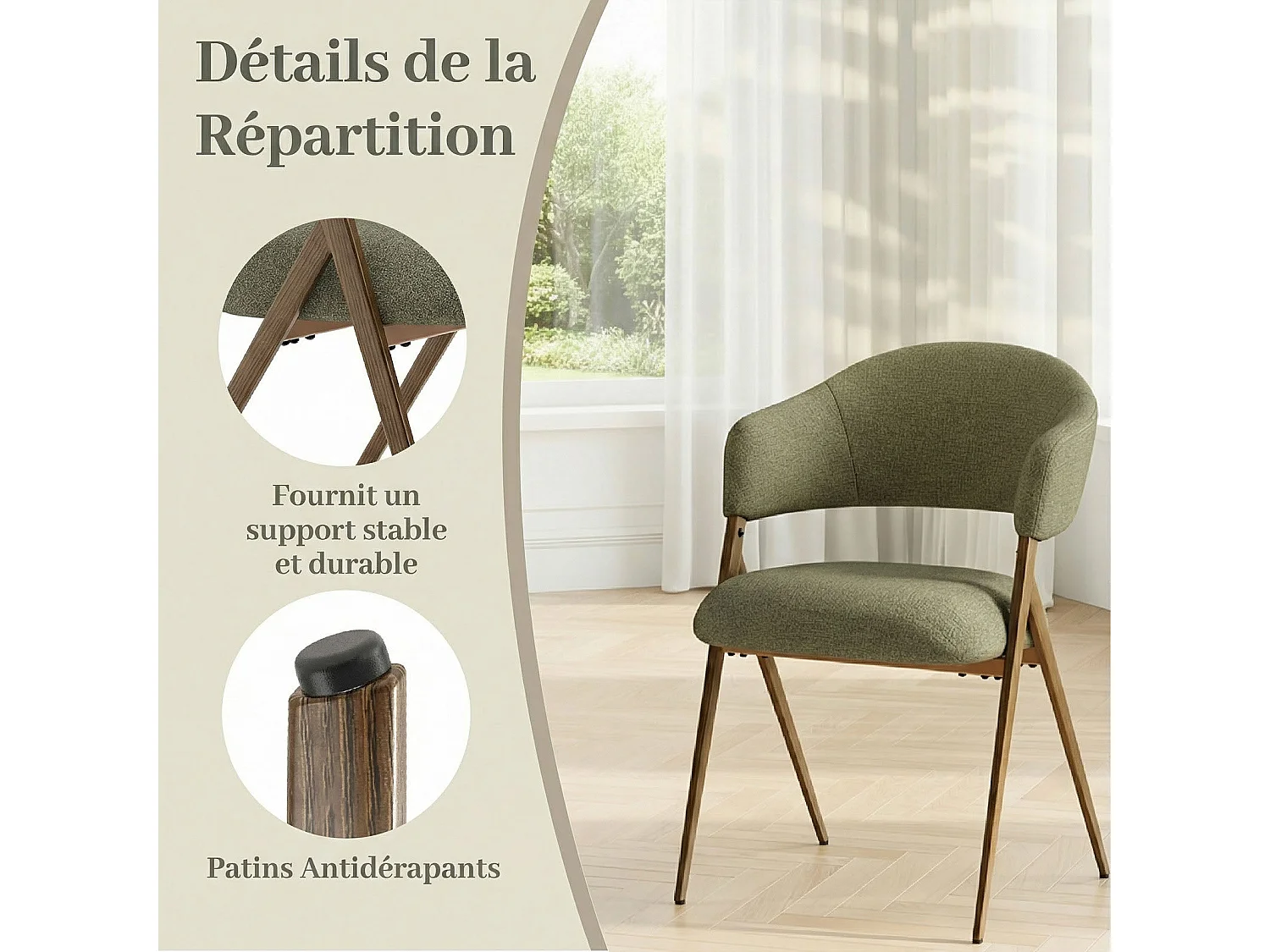 Lot de 2 chaises de salle à manger en tissu, respirantes et robustes, pieds métalliques aspect bois, vert
