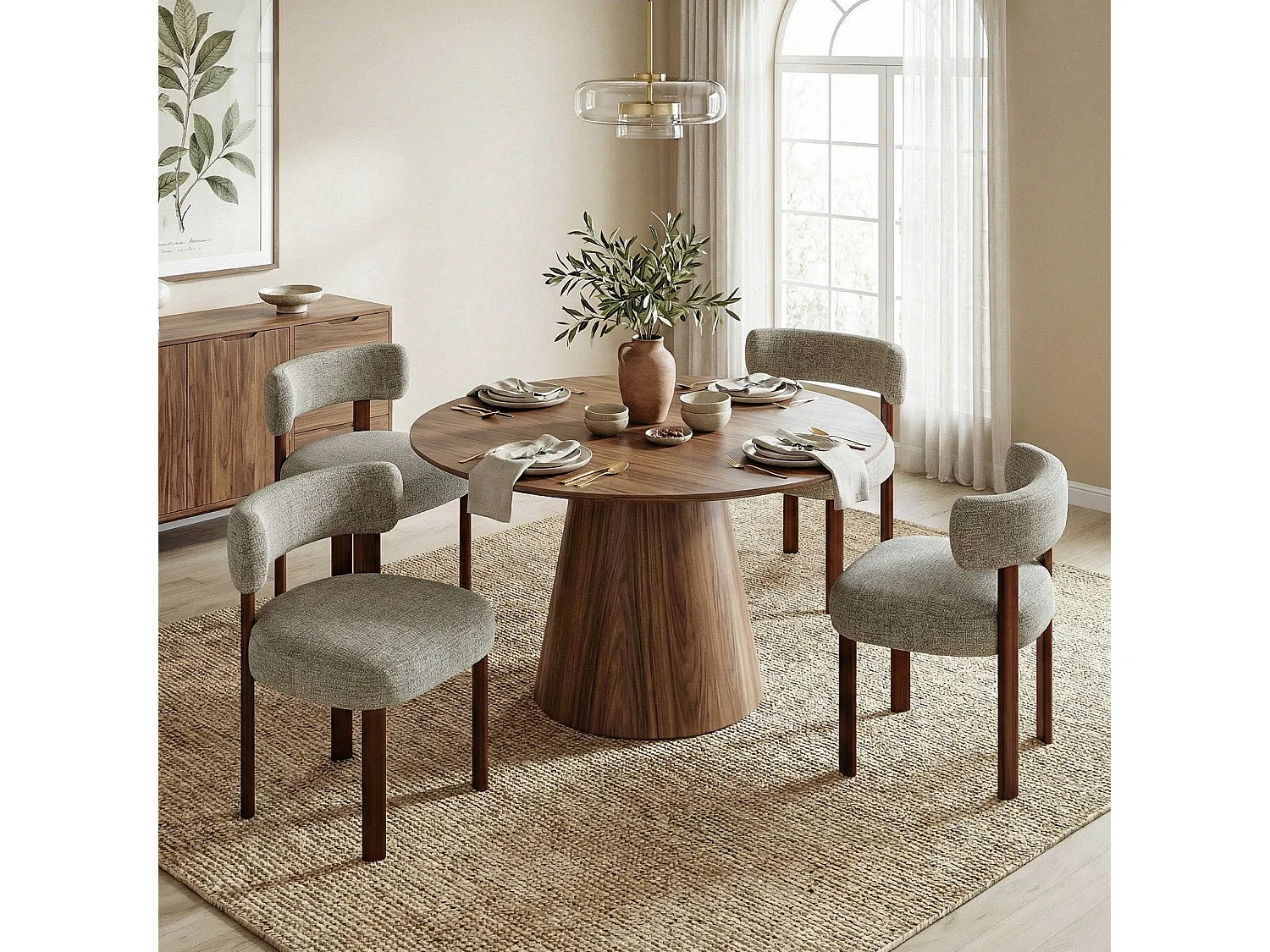 Lot de 2 chaises de salle à manger en bois massif marron SMARTUE, tissu bouclé, dossier incurvé