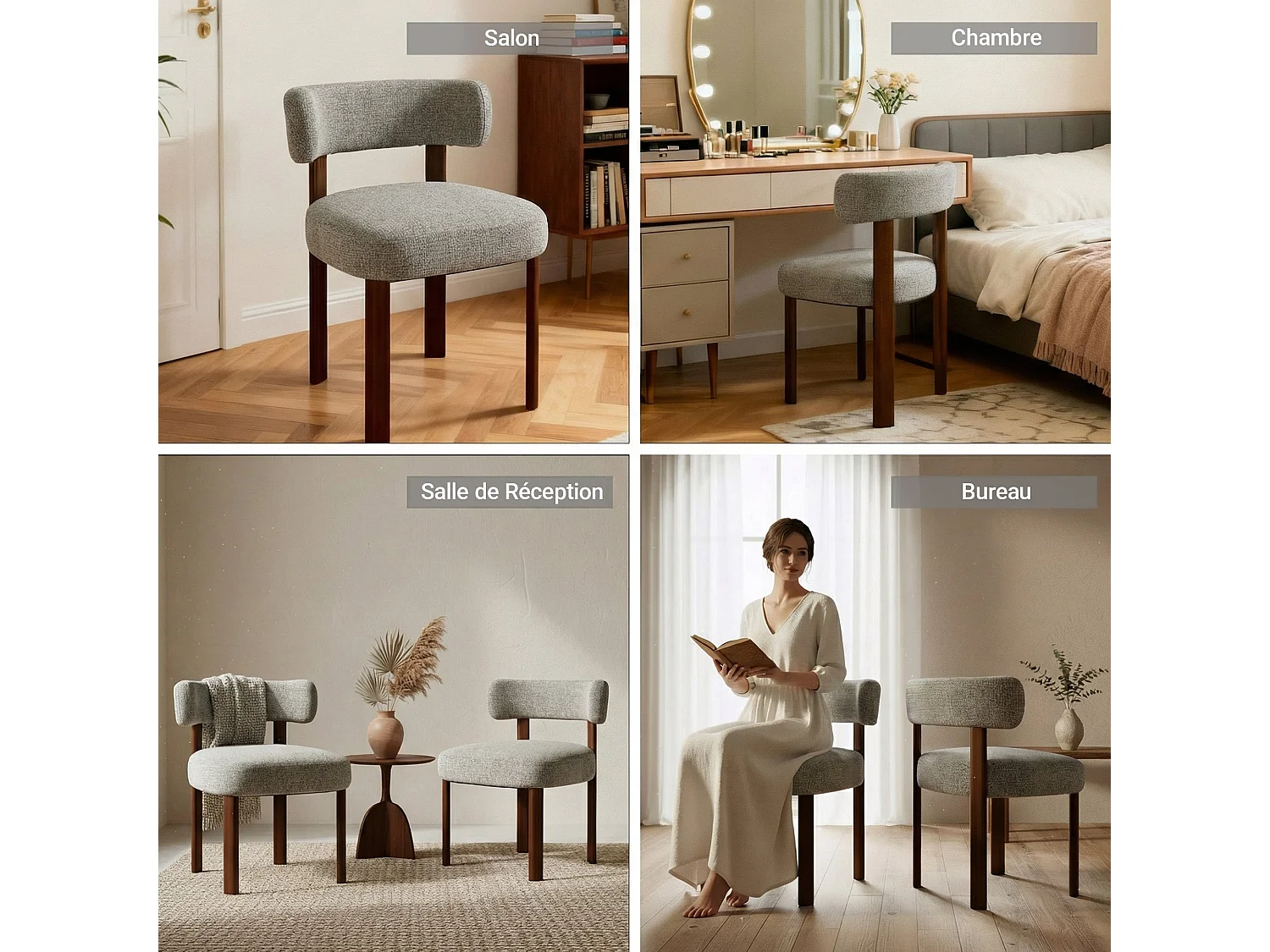 Set van 2 massief houten eettafelstoelen bruin, bouclé stof, gebogen rugleuning