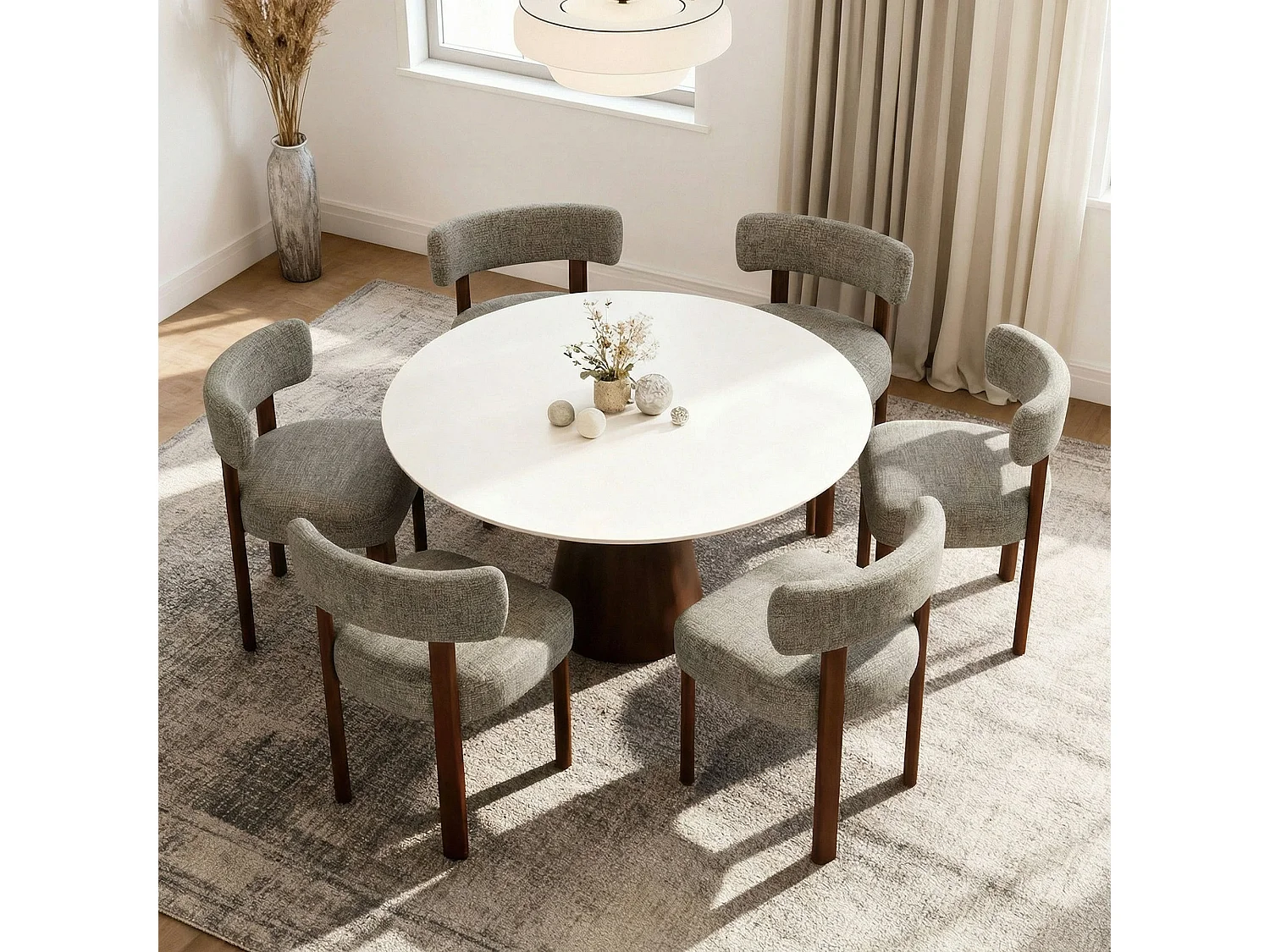 Set van 2 massief houten eettafelstoelen bruin, bouclé stof, gebogen rugleuning