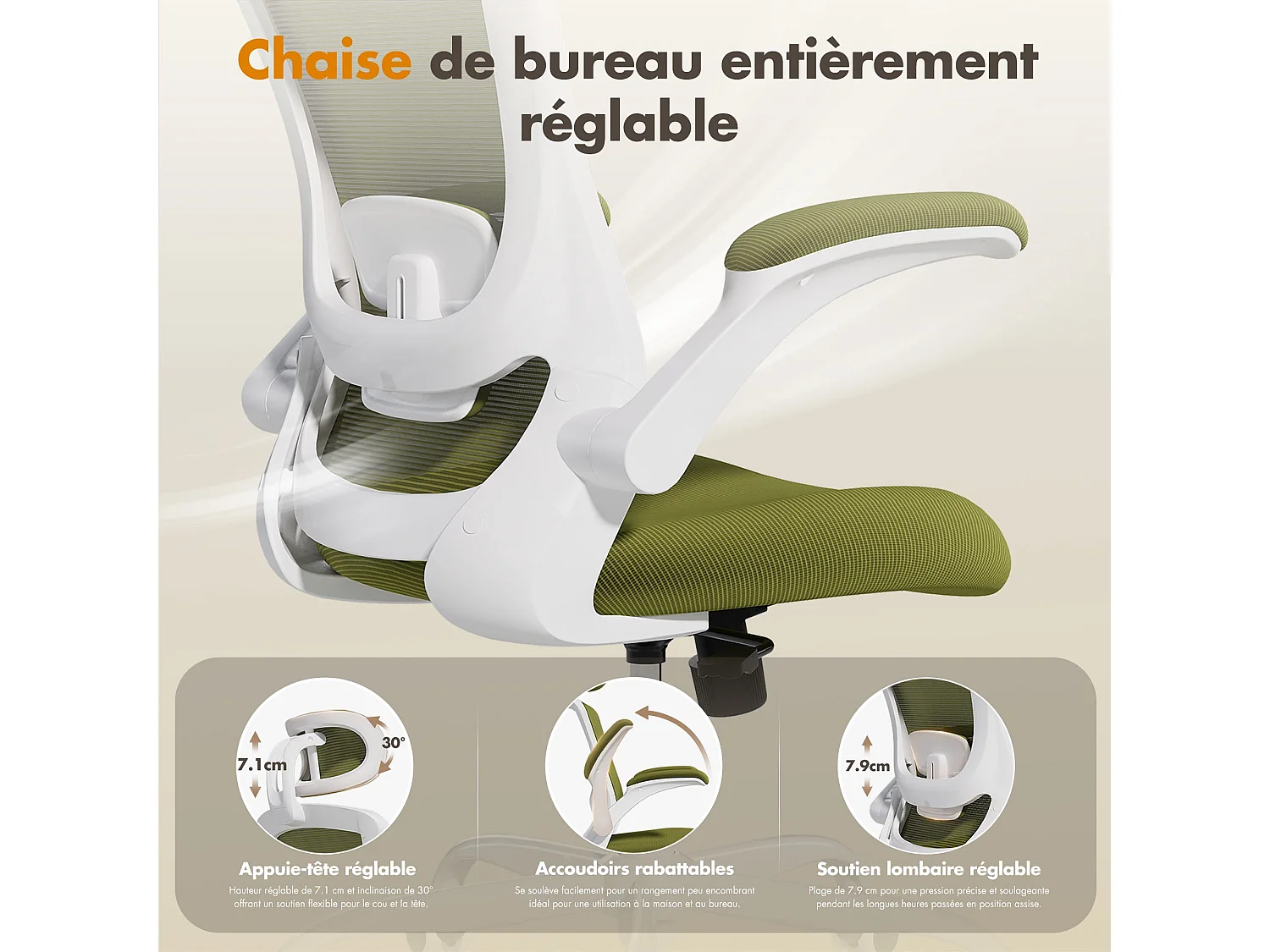 Chaises de bureau - Chaise de bureau ergonomique – Dossier haut en mesh, soutien lombaire et appuie-tête réglables, accoudoirs relevables - Vert