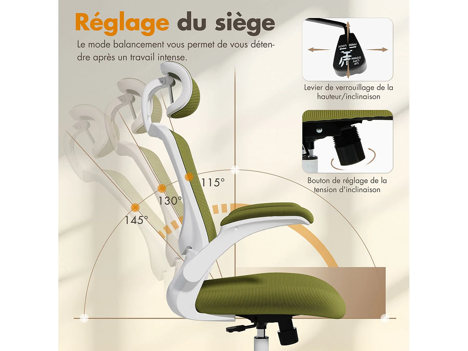 Chaises de bureau - Chaise de bureau ergonomique – Dossier haut en mesh, soutien lombaire et appuie-tête réglables, accoudoirs relevables - Vert