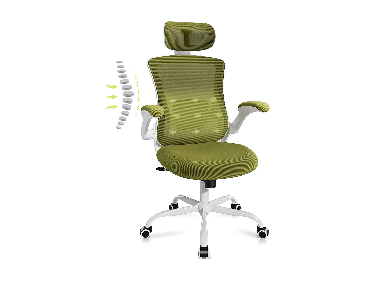 Chaise de bureau ergonomique – Dossier haut en mesh, soutien lombaire et appuie-tête réglables, accoudoirs relevables – Vert