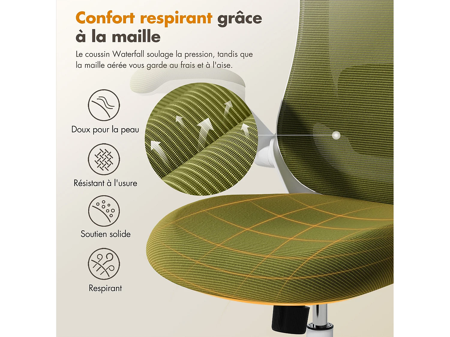 Chaise de bureau ergonomique – Dossier haut en mesh, soutien lombaire et appuie-tête réglables, accoudoirs relevables – Vert