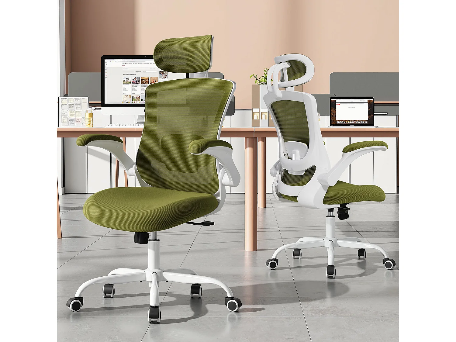 Chaise de bureau ergonomique – Dossier haut en mesh, soutien lombaire et appuie-tête réglables, accoudoirs relevables – Vert