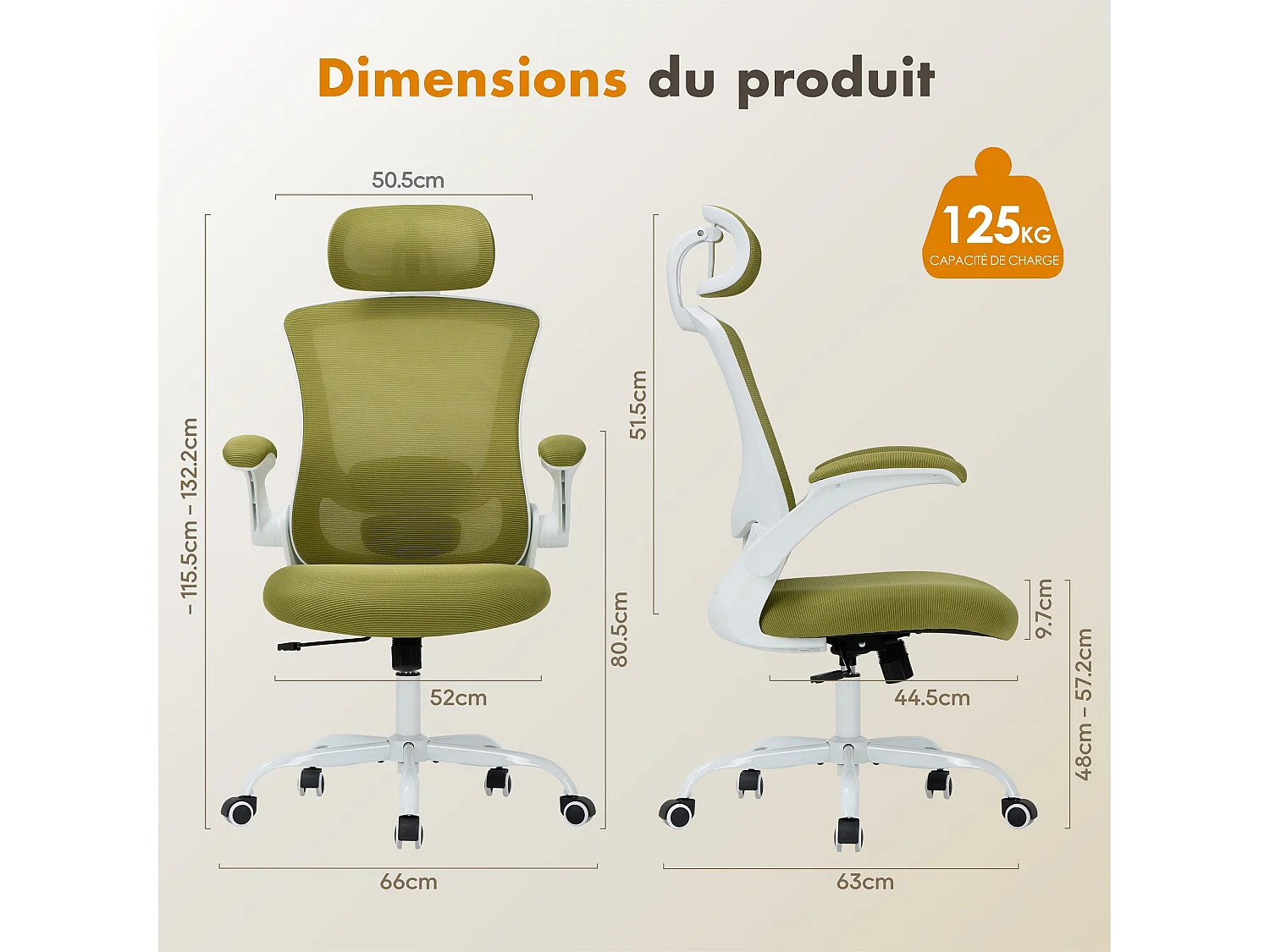 Chaise de bureau ergonomique – Dossier haut en mesh, soutien lombaire et appuie-tête réglables, accoudoirs relevables – Vert
