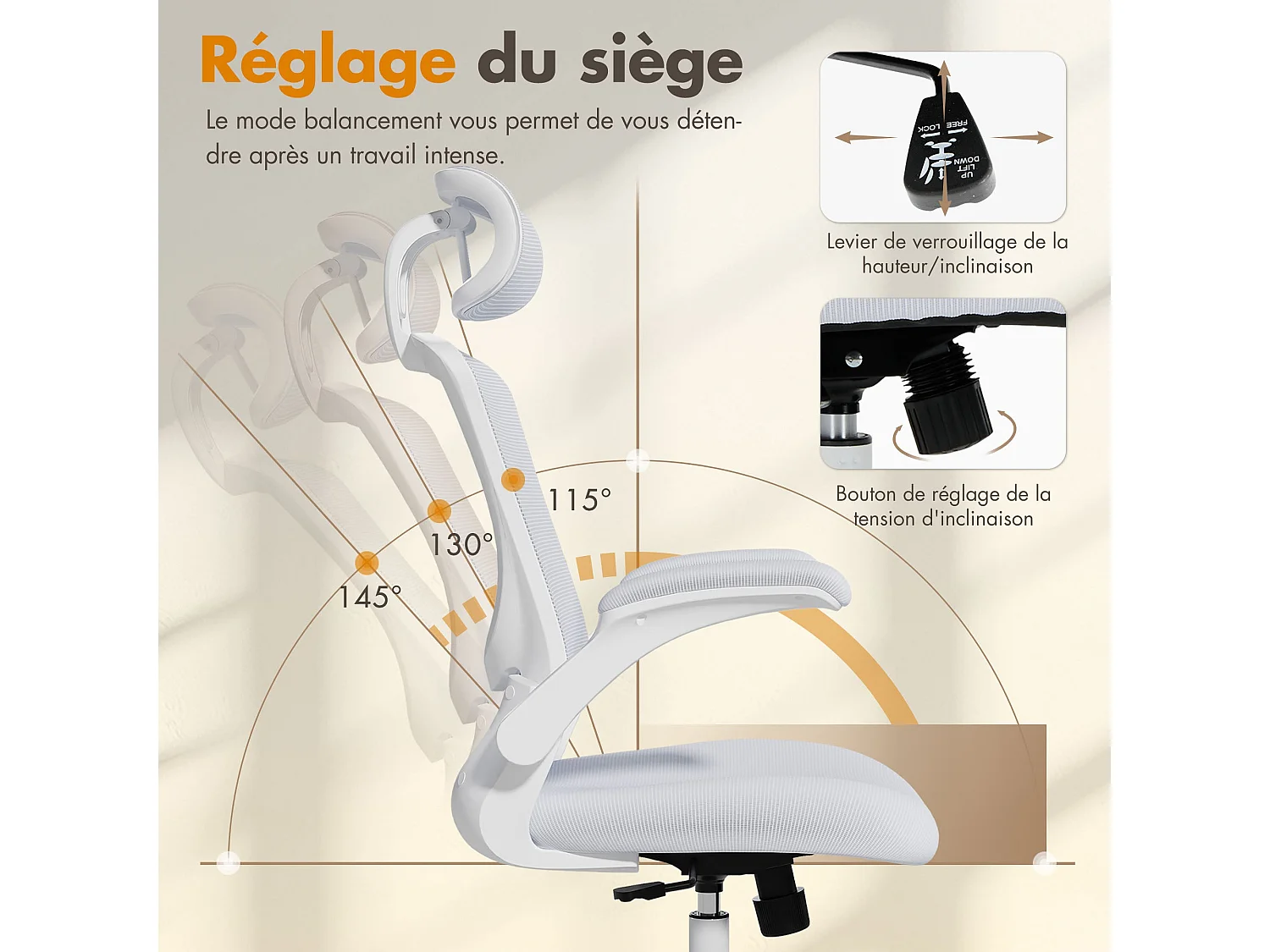 Chaises de bureau - Chaise de bureau ergonomique – Dossier haut en mesh, soutien lombaire et appuie-tête réglables, accoudoirs relevables – blanc