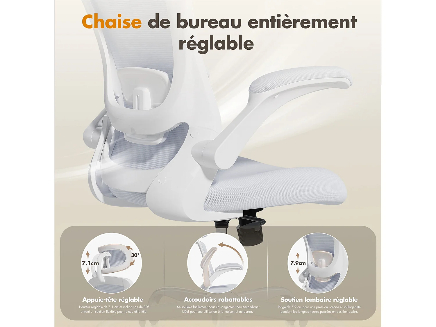 Chaises de bureau - Chaise de bureau ergonomique – Dossier haut en mesh, soutien lombaire et appuie-tête réglables, accoudoirs relevables – blanc
