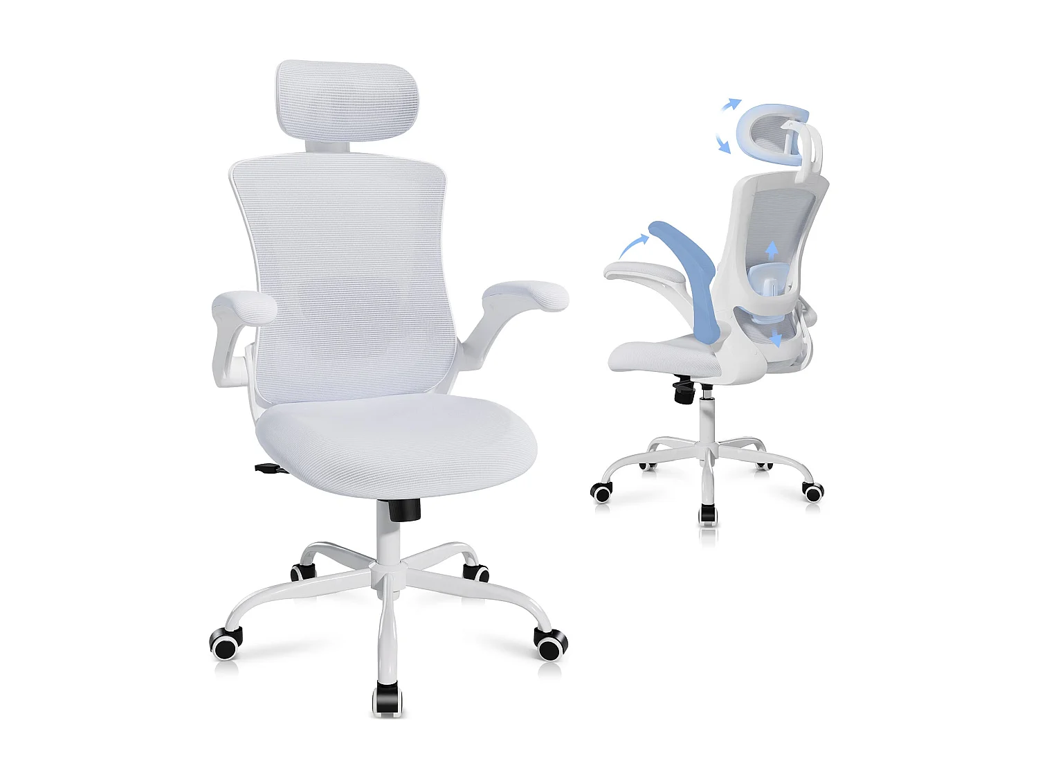 Chaise de bureau ergonomique – Dossier haut en mesh, soutien lombaire et appuie-tête réglables – blanc