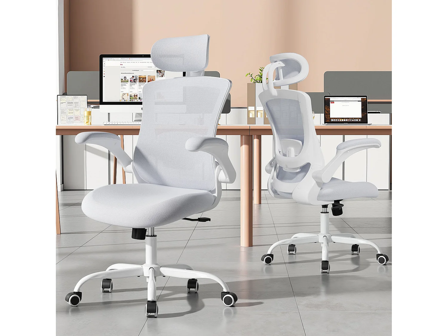Chaise de bureau ergonomique – Dossier haut en mesh, soutien lombaire et appuie-tête réglables – blanc
