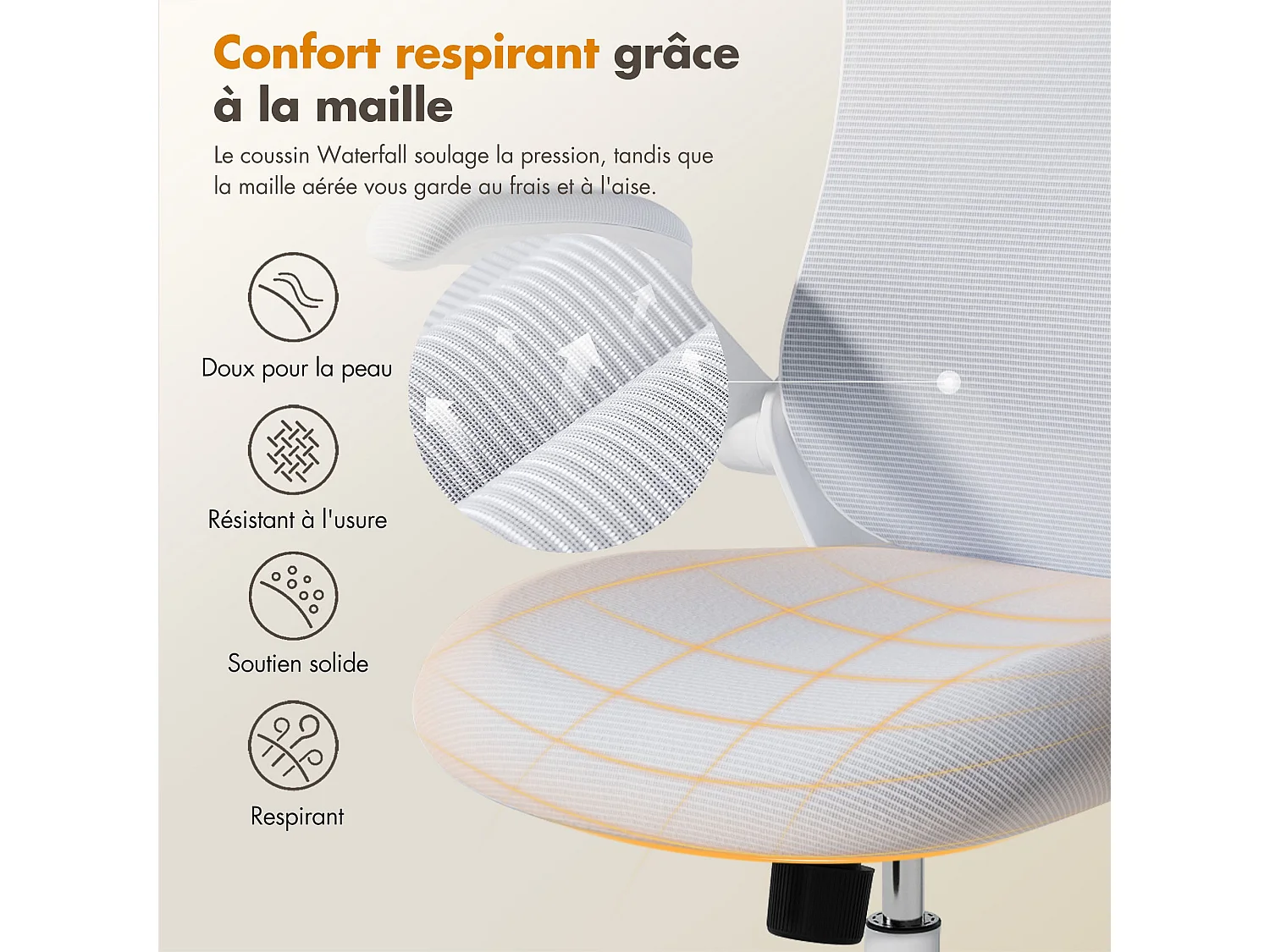 Chaise de bureau ergonomique – Dossier haut en mesh, soutien lombaire et appuie-tête réglables – blanc