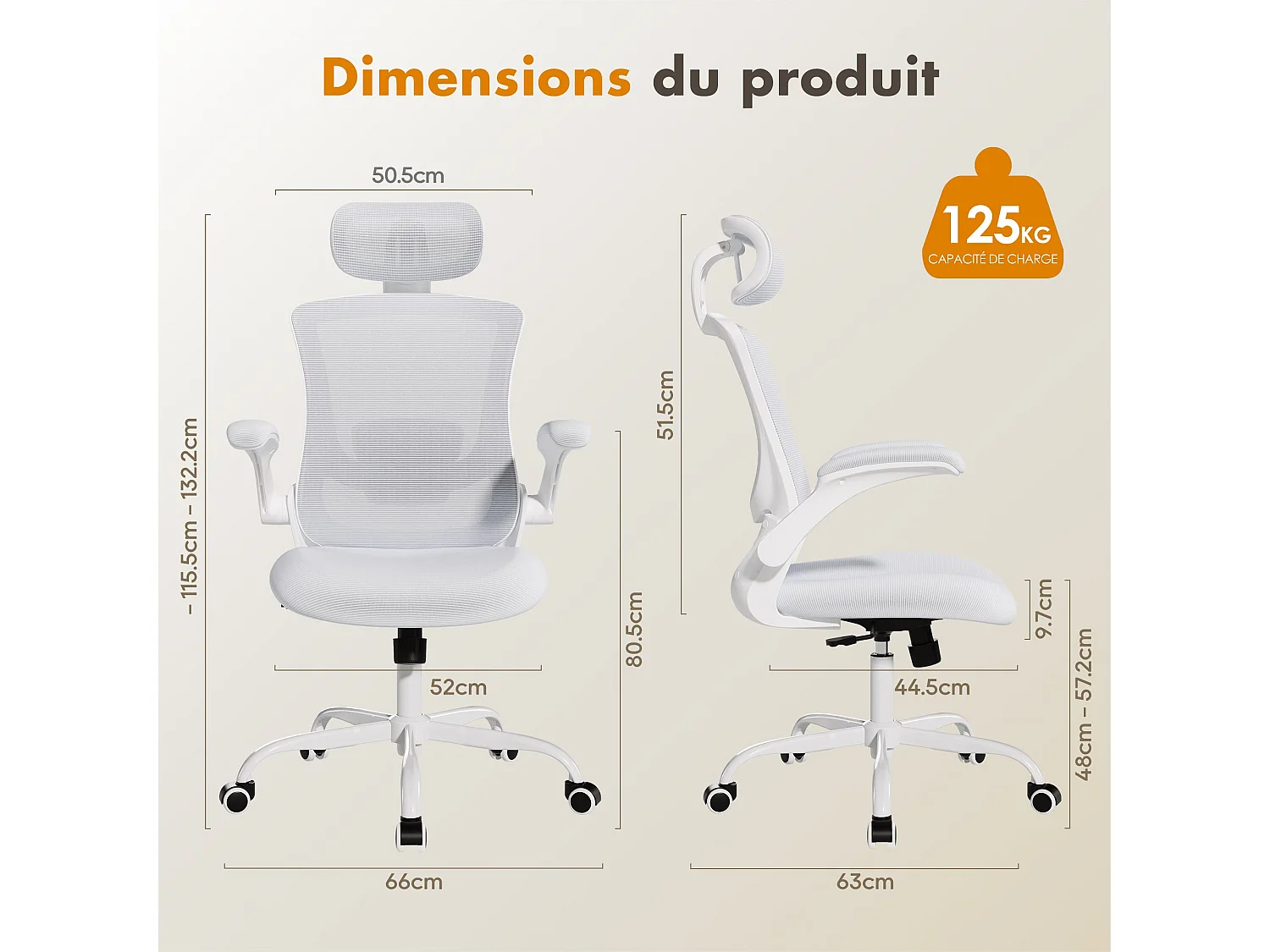 Chaise de bureau ergonomique – Dossier haut en mesh, soutien lombaire et appuie-tête réglables – blanc