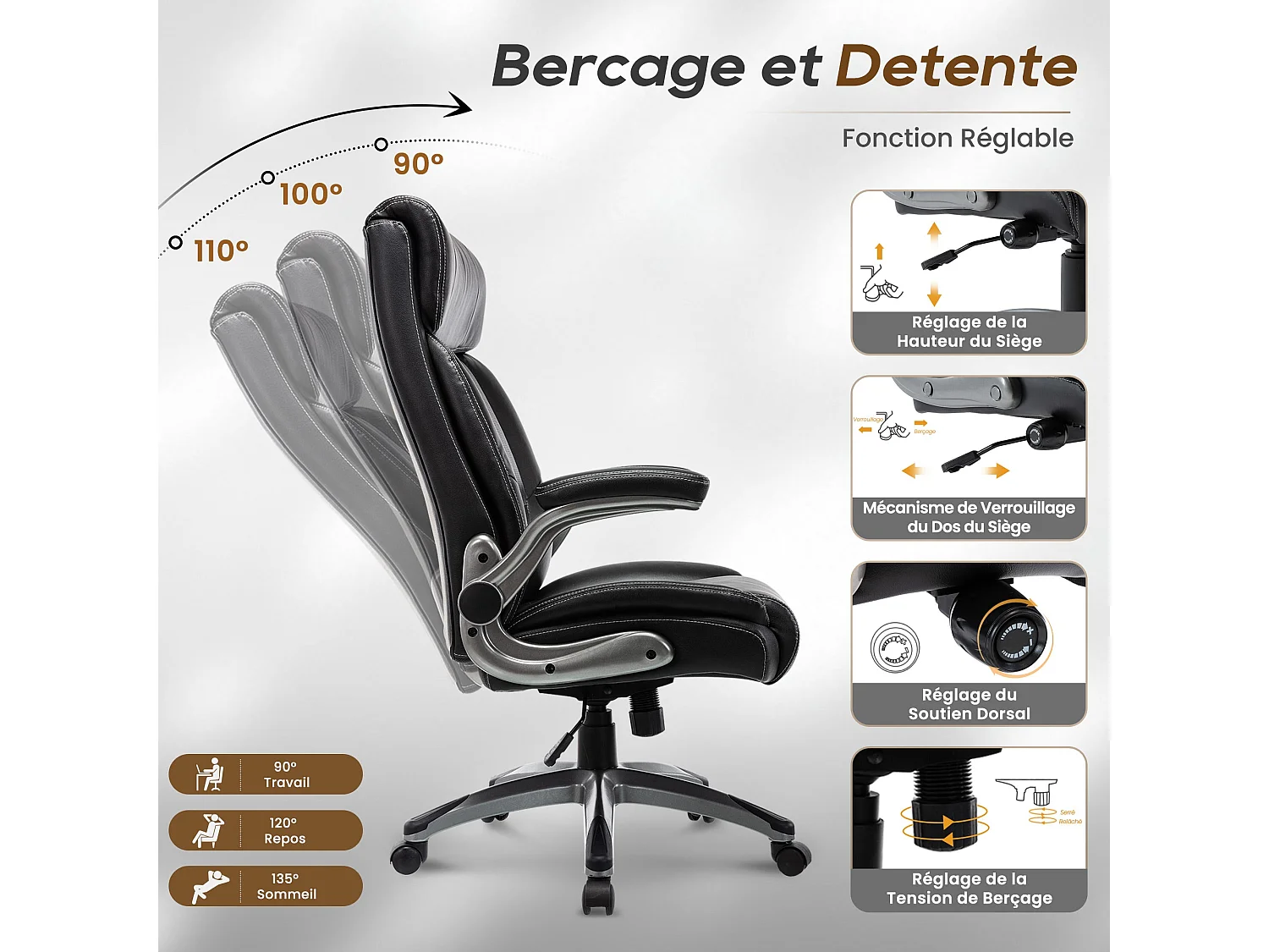 Chaise de bureau - chaise de bureau ergonomique - Fauteuil de direction pivotant, capacité de charge de 150 kg - Noir