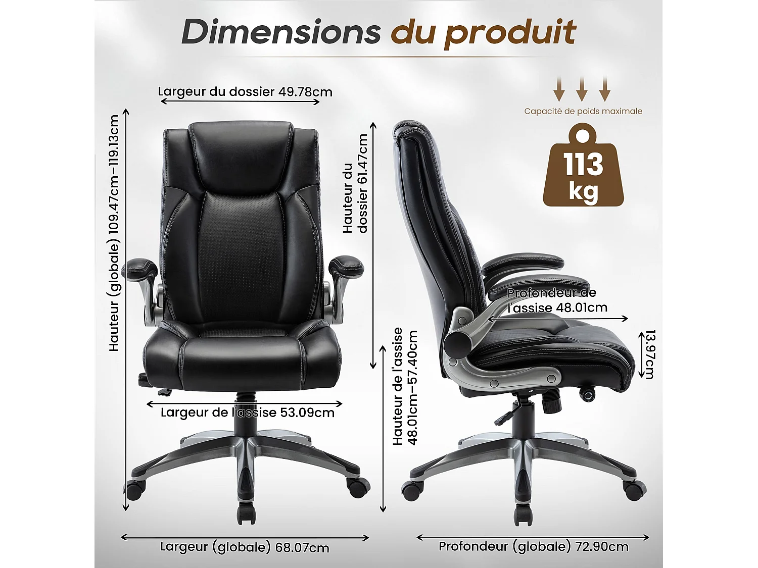 Chaise de bureau - chaise de bureau ergonomique - Fauteuil de direction pivotant, capacité de charge de 150 kg - Noir